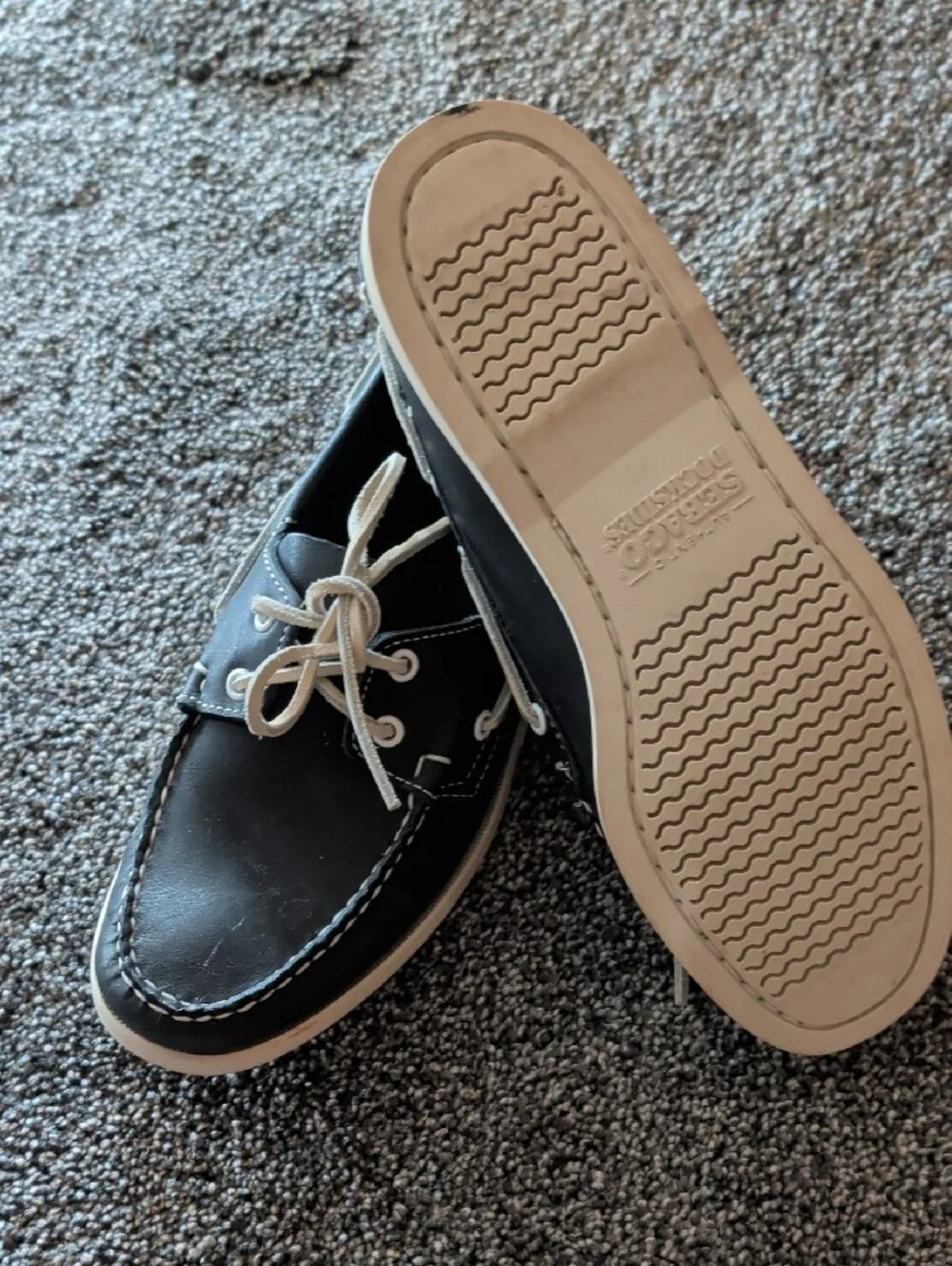 Sebago Navy Leather Boat Shoes with White Laces